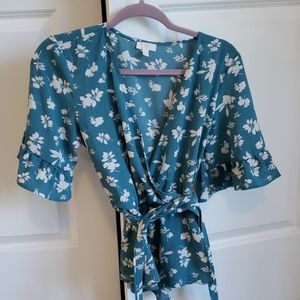 Teal floral tie waist top